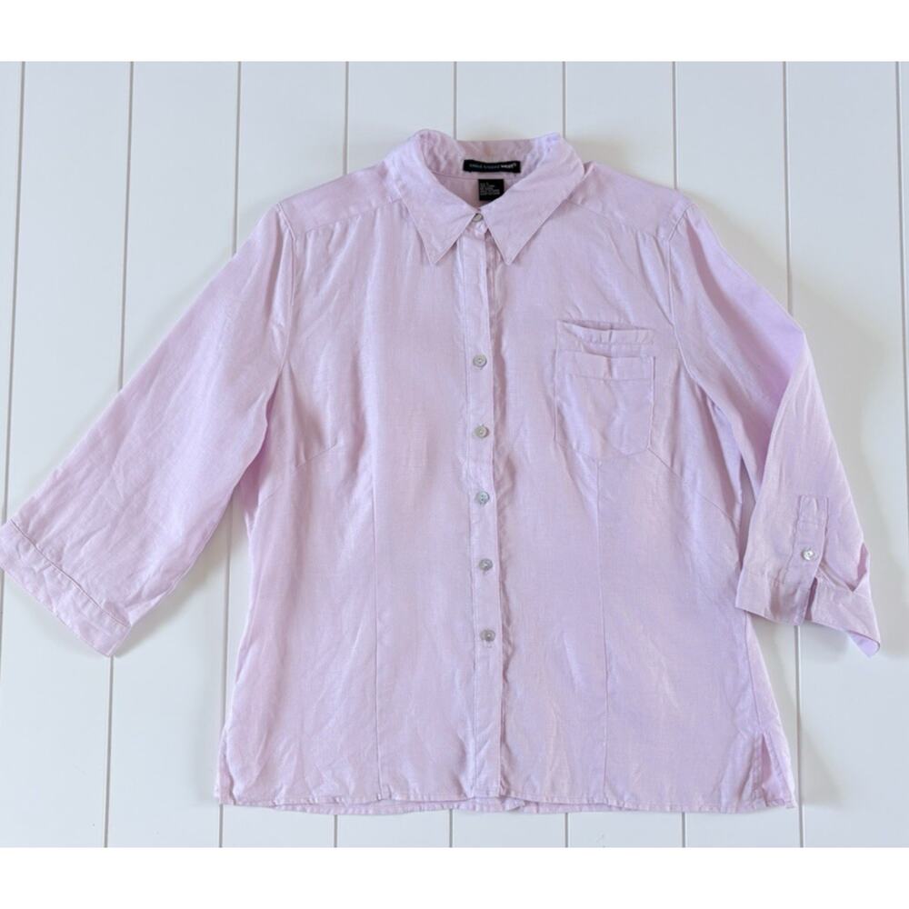 Saint Tropez West Pastel Pink Linen Button Up Shirt Womens L 3/4 Sleeves Coastal